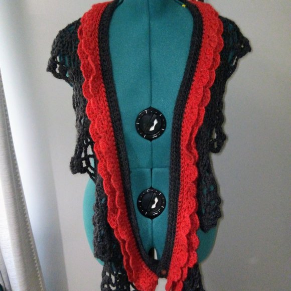 Crochet Multi-Wear Scarf/Wrap/Vest/Accessory in Heathered Red & Gray NEW - Picture 9 of 10